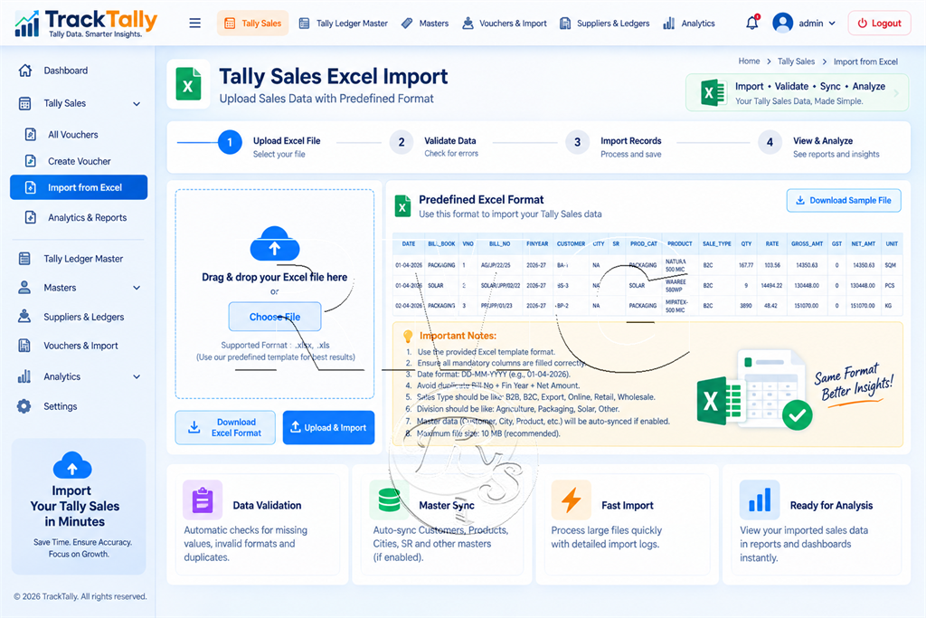 Tally Sales Excel File Upload batch processing desk